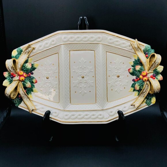 90s Fitz and Floyd Snowy Woods Hostess Serving Tray Christmas Divided Charger - Picture 1 of 11